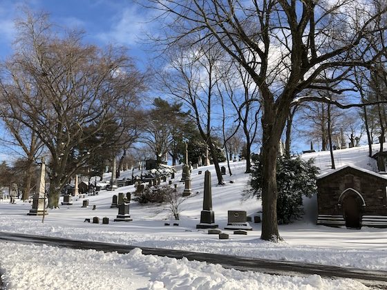 snowy green-wood hillside of gravestones and monuments